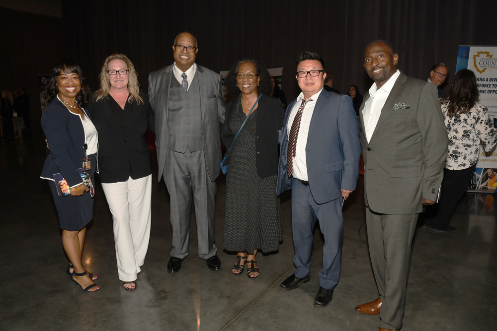 SBC Equity Element Group at the State of the County Event with County leadership: Diana Alexander, San Bernardino County Assistant Executive Officer; Tracy Reece, San Bernardino County Probation Chief; Bill Thomas, President of the NAACP, High Desert Branch; Phyllis K. Morris-Green, President, Reimagining Our Communities (ROC); Thomas Sone, San Bernardino County Public Defender; and Rev. George Lamb – President, Faith Advisory Council for Community Transformation (F.A.C.C.T.) and SBC Equity Element Group Chair.